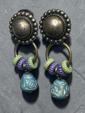 Boho Oxidized Clip On Dangle Earrings Carved Blue Beads